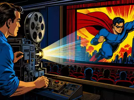 Pop-Art-Comic zeigt Filmprojektion in bunten Halbtonfarben und illustriert die Kinotechnik-Wurzeln von Barco NV, ISIN BE0974362940 - Foto: THN