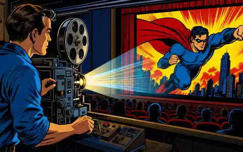 Pop-Art-Comic zeigt Filmprojektion in bunten Halbtonfarben und illustriert die Kinotechnik-Wurzeln von Barco NV, ISIN BE0974362940 - Foto: THN
