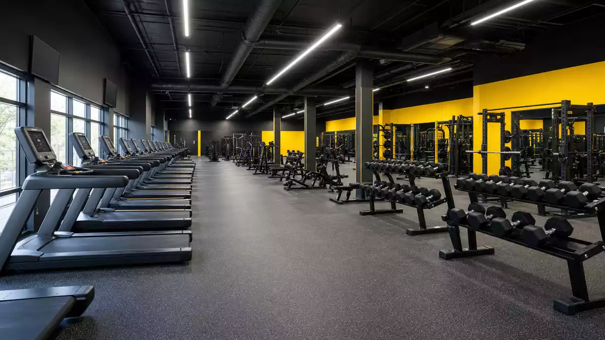 Modernes Fitnessstudio mit Cardiogeräten und Gewichten in Schwarz und Neongelb
