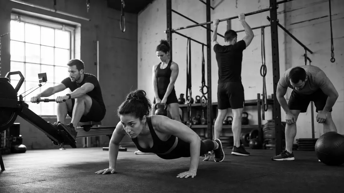 Schwarzweiß-Reportagefoto von Personen beim Training in einem Fitnessstudio