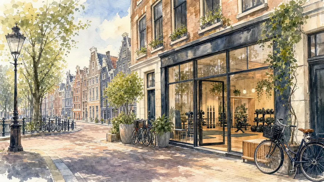 Aquarellbild einer Amsterdamer Straße mit Fitnessstudio-Schaufenster
