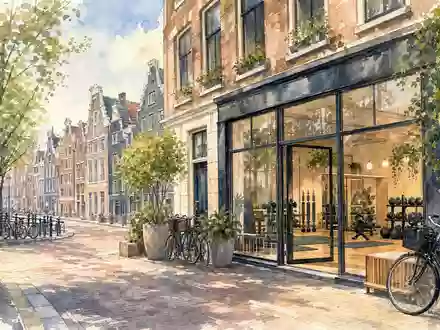 Aquarellmalerei einer niederländischen Straßenszene mit Fitnessstudio symbolisiert den Heimatmarkt von Basic-Fit N.V., ISIN NL0011872650 - Foto: THN