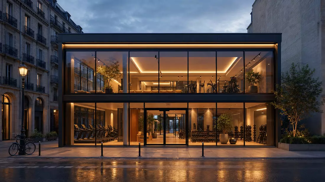 Architektur-Render einer modernen Glasfassade eines Fitnessstudios am Abend