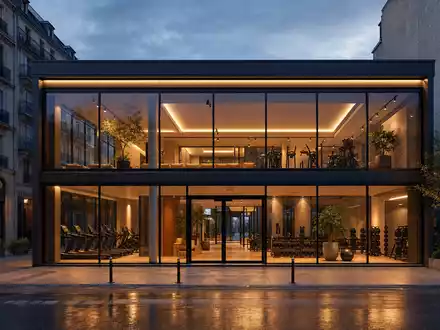 Architektonisches Render einer modernen Studiofassade bei Dämmerung repräsentiert die Expansion von Basic-Fit N.V., ISIN NL0011872650 - Foto: THN