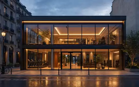 Architektonisches Render einer modernen Studiofassade bei Dämmerung repräsentiert die Expansion von Basic-Fit N.V., ISIN NL0011872650 - Foto: THN