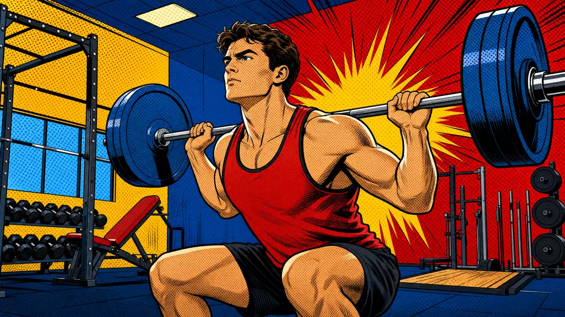 Pop-Art-Comic zeigt eine Person beim Gewichtheben in einem bunten Fitnessstudio