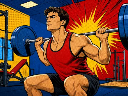 Farbiges Pop-Art-Comicbild eines Gewichthebers im Studio stellt die Fitnessbranche von Basic-Fit N.V., ISIN NL0011872650, dar - Foto: THN