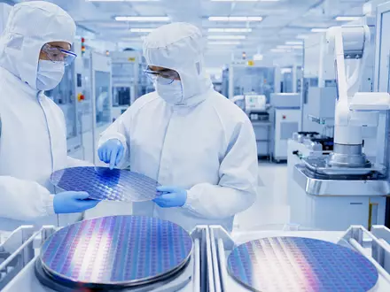 Fotorealistische Aufnahme einer Halbleiter-Reinraumfertigung zeigt Melexis NV, ISIN BE0165385973, mit Ingenieuren bei Sensorchip-Wafer-Kontrolle - Foto: THN