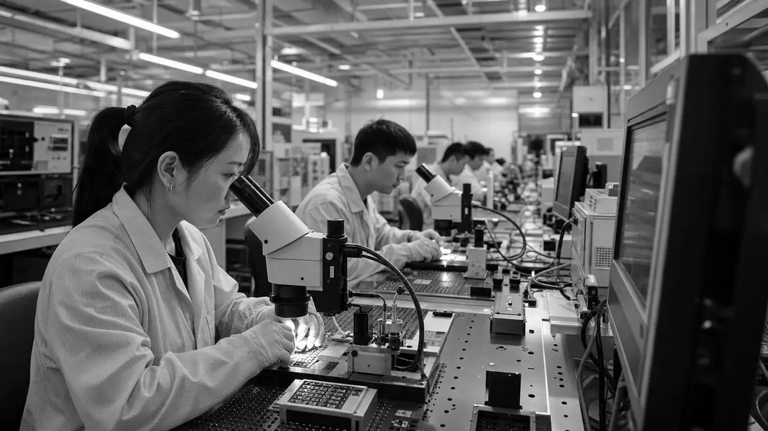 Schwarzweiss-Reportagefoto von Technikern an Sensorchip-Testanlagen