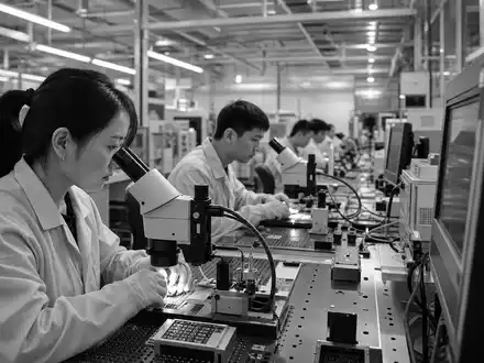 Schwarzweiss-Reportage dokumentiert Techniker bei Praezisionstests von Sensorchips fuer Melexis NV, ISIN BE0165385973, in Elektronikfabrik - Foto: THN
