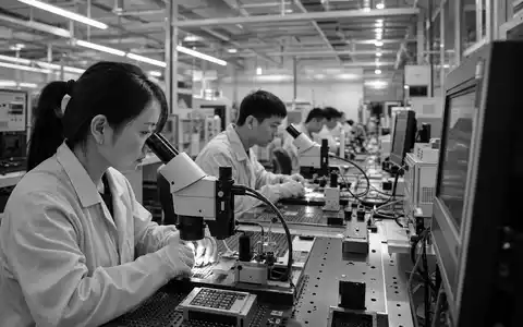Schwarzweiss-Reportage dokumentiert Techniker bei Praezisionstests von Sensorchips fuer Melexis NV, ISIN BE0165385973, in Elektronikfabrik - Foto: THN
