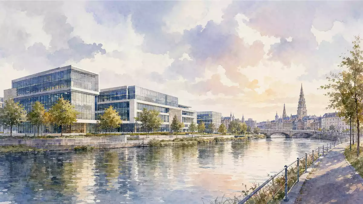 Aquarellbild einer belgischen Stadt mit modernem Technologiecampus