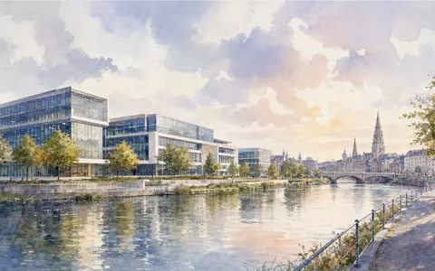Aquarellmalerei zeigt belgische Stadtlandschaft mit Technologiecampus, passend zu Melexis NV, ISIN BE0165385973, europaeischer Halbleiterstandort - Foto: THN