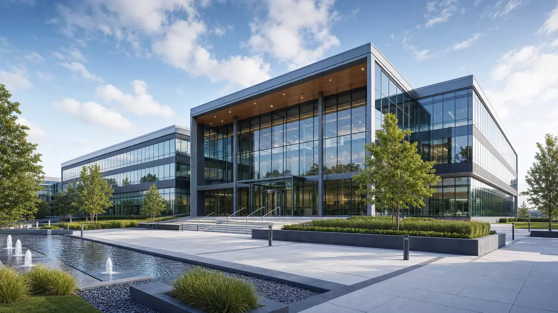Architektur-Render eines modernen Glas-Firmensitzes für Technologieunternehmen