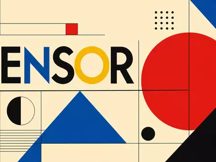 Bauhaus-Poster mit geometrischen Formen und Sektor-Text symbolisiert Melexis NV, ISIN BE0165385973, Halbleitersensoren fuer Automobilelektronik - Foto: THN