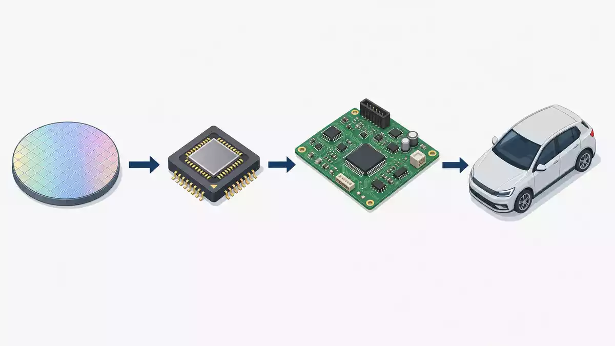 Isometrische Grafik der Wertschöpfungskette von Chip bis Fahrzeugsensor