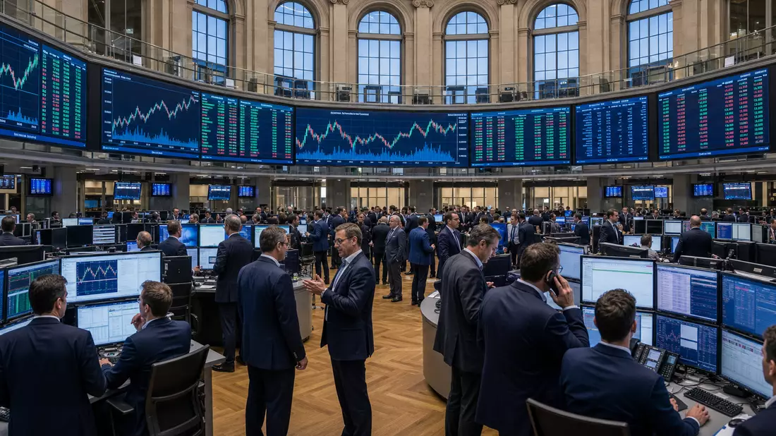 Börsen-Handelssaal mit digitalen Charts zum Technologiesektor