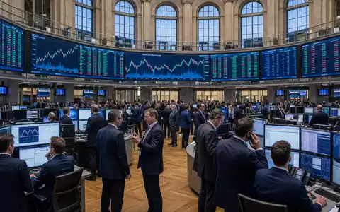 Boersen-Editorial zeigt Handelssaal mit Technologie-Sektor-Charts, passend zu Melexis NV, ISIN BE0165385973, gelistet an europaeischer Boerse - Foto: THN