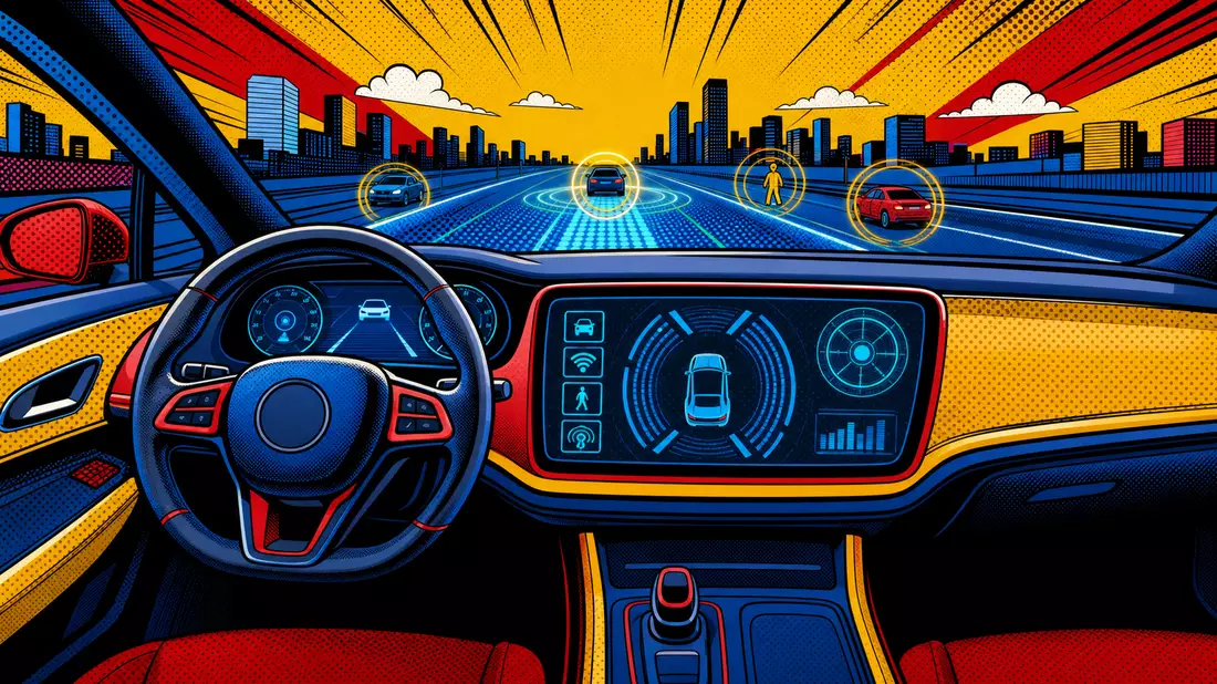Pop-Art-Comic mit futuristischem Autocockpit und leuchtenden Sensor-Icons