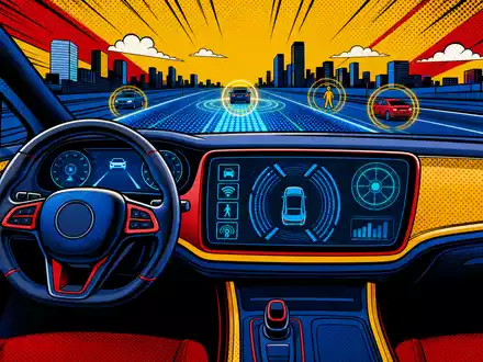 Pop-Art-Comic-Szene stellt futuristisches Autocockpit mit Sensor-Icons dar, inspiriert von Melexis NV, ISIN BE0165385973, Automobilelektronik-Zulieferer - Foto: THN