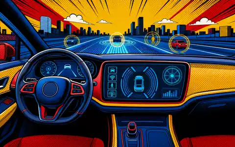 Pop-Art-Comic-Szene stellt futuristisches Autocockpit mit Sensor-Icons dar, inspiriert von Melexis NV, ISIN BE0165385973, Automobilelektronik-Zulieferer - Foto: THN