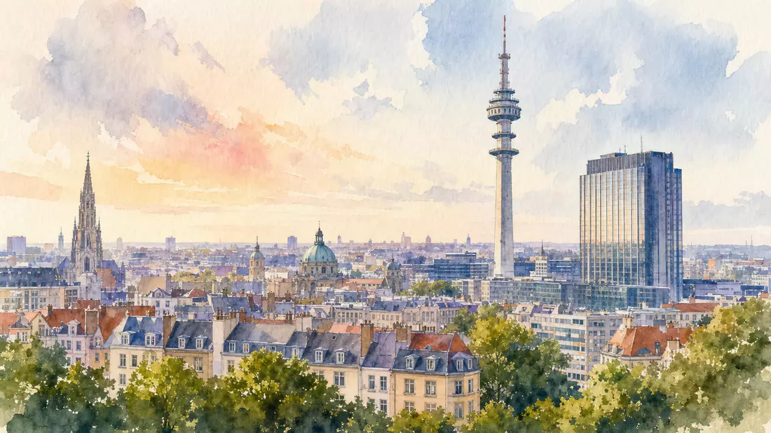 Aquarellbild der Brüsseler Skyline mit Telekommunikationsturm bei Sonnenuntergang