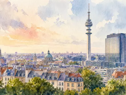 Aquarellmalerei der Brüsseler Skyline mit Sendeturm illustriert den Heimatmarkt von Proximus PLC BE0003810273 künstlerisch - Foto: THN