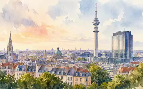 Aquarellmalerei der Brüsseler Skyline mit Sendeturm illustriert den Heimatmarkt von Proximus PLC BE0003810273 künstlerisch - Foto: THN