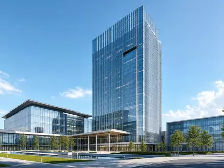 Architektur-Render eines modernen gläsernen Firmenhauptquartiers symbolisiert die Unternehmenszentrale des Telekomkonzerns Proximus PLC BE0003810273 - Foto: THN