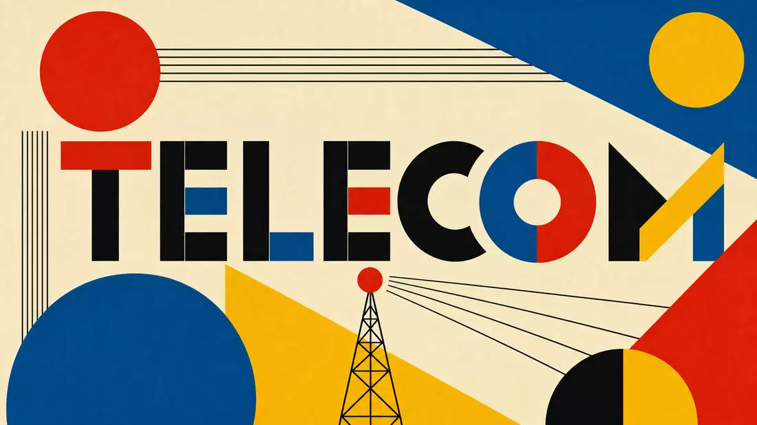 Bauhaus-Poster mit geometrischen Formen und großem Schriftzug TELECOM sowie Sendemast