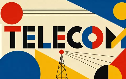 Geometrisches Bauhaus-Poster mit Sektor-Schriftzug TELECOM veranschaulicht die Branche von Proximus PLC BE0003810273 - Foto: THN