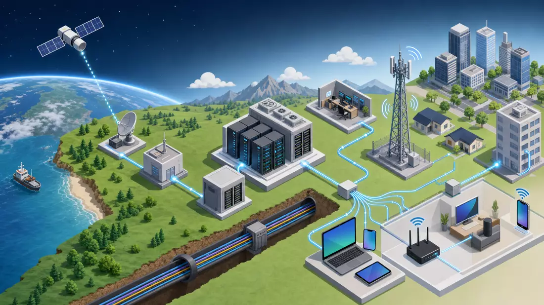 Isometrische 3D-Grafik einer Telekommunikationsnetzwerk-Wertschöpfungskette mit Satellit und Türmen
