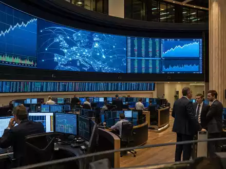 Börsen-Editorial-Szene mit Telekom-Charts auf Trading-Floor symbolisiert die Marktnotierung von Proximus PLC BE0003810273 - Foto: THN