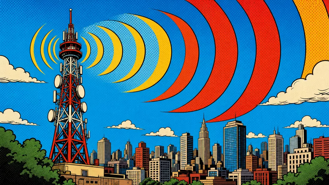 Pop-Art-Comic-Illustration eines Sendeturms mit bunten Signalwellen über Stadtsilhouette