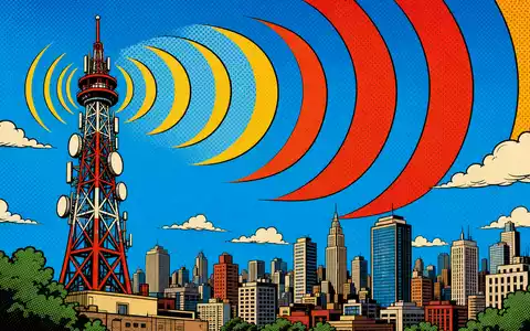 Farbenfrohe Pop-Art-Comic-Szene mit Sendeturm und Signalwellen visualisiert kreativ Proximus PLC BE0003810273 als Telekomwert - Foto: THN
