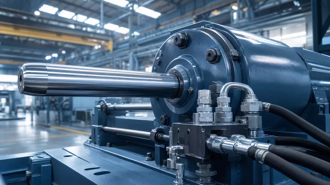 Fotorealistischer Hydraulikzylinder mit Fluid-Connector-Fittings in industrieller Fertigungshalle