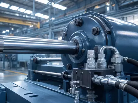 Parker-Hannifin US7010941019 Hydraulikzylinder mit Fluid-Connectors in moderner Industrieanlage, fotorealistisch und detailreich dargestellt - Foto: THN