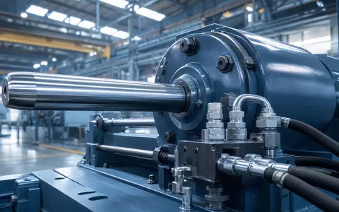 Parker-Hannifin US7010941019 Hydraulikzylinder mit Fluid-Connectors in moderner Industrieanlage, fotorealistisch und detailreich dargestellt - Foto: THN