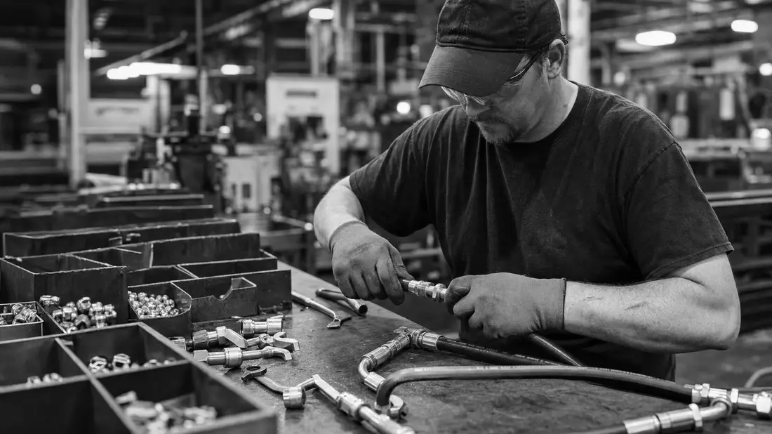 Schwarz-weißes Reportagefoto eines Arbeiters bei der Montage von Hydraulikschlauchverbindungen