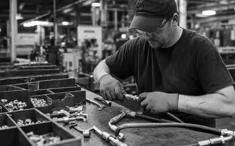 Parker-Hannifin US7010941019 Schwarz-Weiß-Reportage zeigt einen Arbeiter bei Montage von Fluid-Connector-Komponenten in großer Fabrikhalle - Foto: THN