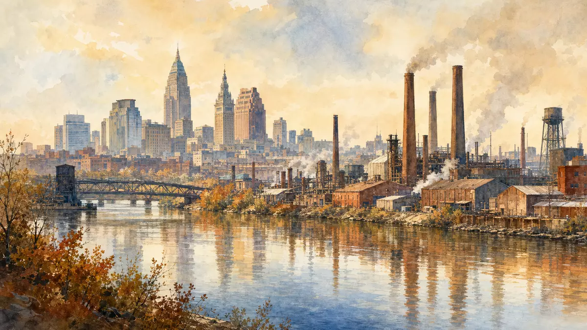 Aquarellillustration einer Industriestadt am Fluss mit Fabrikschornsteinen im warmen Herbstlicht