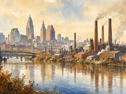 Parker-Hannifin US7010941019 zeigt eine Aquarellmalerei der Fabrikstadt Cleveland Ohio mit Schornsteinen und Flussufer-Industrie - Foto: THN