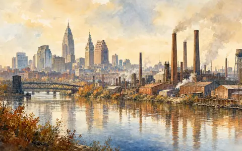 Parker-Hannifin US7010941019 zeigt eine Aquarellmalerei der Fabrikstadt Cleveland Ohio mit Schornsteinen und Flussufer-Industrie - Foto: THN