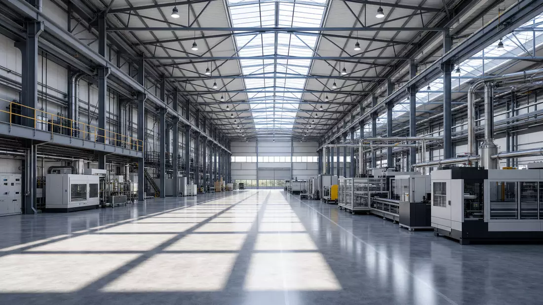 Architekturvisualisierung einer großen industriellen Werkshalle mit Oberlichtern und Maschinenreihen