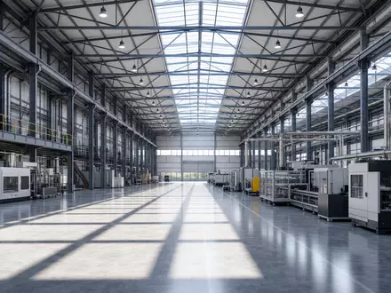 Parker-Hannifin US7010941019 zeigt ein Architektur-Rendering einer modernen Werkshalle mit Stahlkonstruktion und vielen Fertigungsanlagen - Foto: THN