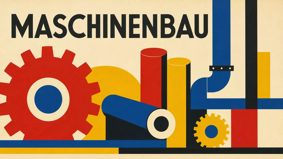 Bauhaus-Grafikposter mit geometrischen Zahnrädern und Zylindern und dem Schriftzug Maschinenbau