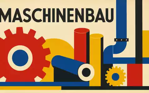 Parker-Hannifin US7010941019 zeigt ein Bauhaus-Poster mit geometrischen Formen und dem Schriftzug MASCHINENBAU in kräftigen Primärfarben - Foto: THN