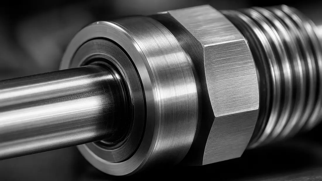 Extreme Makroaufnahme einer präzise geschliffenen Kolbenstange mit Metallgewinde und Lichtreflexen