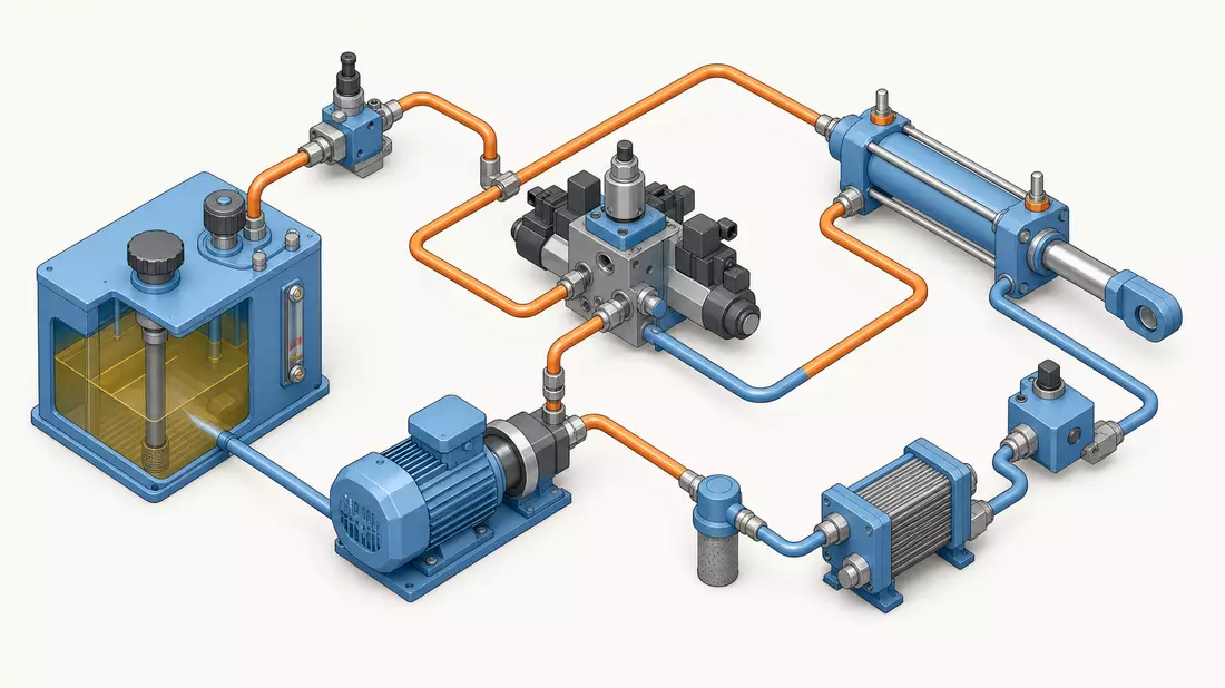 Isometrische 3D-Darstellung eines Hydraulikkreislaufs mit Pumpe, Ventilen, Zylinder und Tank
