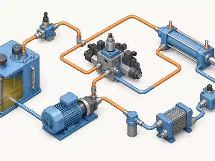 Parker-Hannifin US7010941019 zeigt eine isometrische 3D-Illustration eines geschlossenen Hydraulik-Kreislaufs mit Pumpe und mehreren Ventilen - Foto: THN